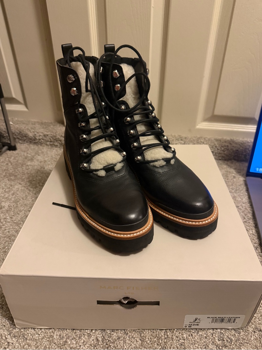 Marc Fisher Black Leather Lace-Up Shearling-Trim Boots